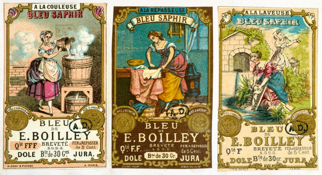 Três rótulos para a marca de sabão em pó Bleu de E. Boilley, 1878 de French School