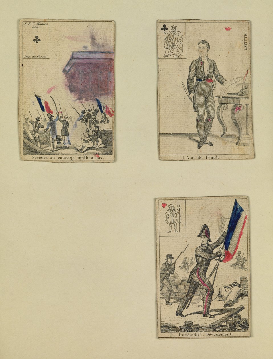 Três cartas de baralho comemorando os heróis de julho de 1830, 1831 de French School
