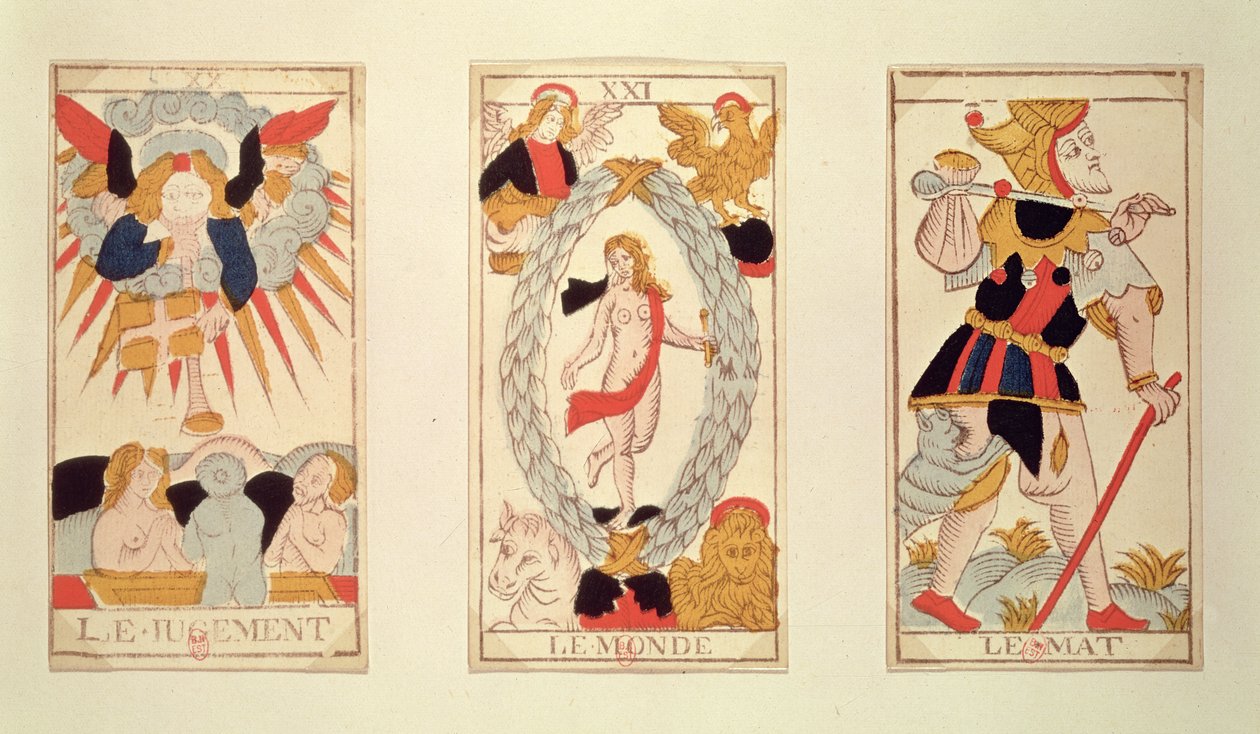 Três cartas de tarô representando o julgamento, o mundo e o tolo (gravura em madeira colorida) de French School