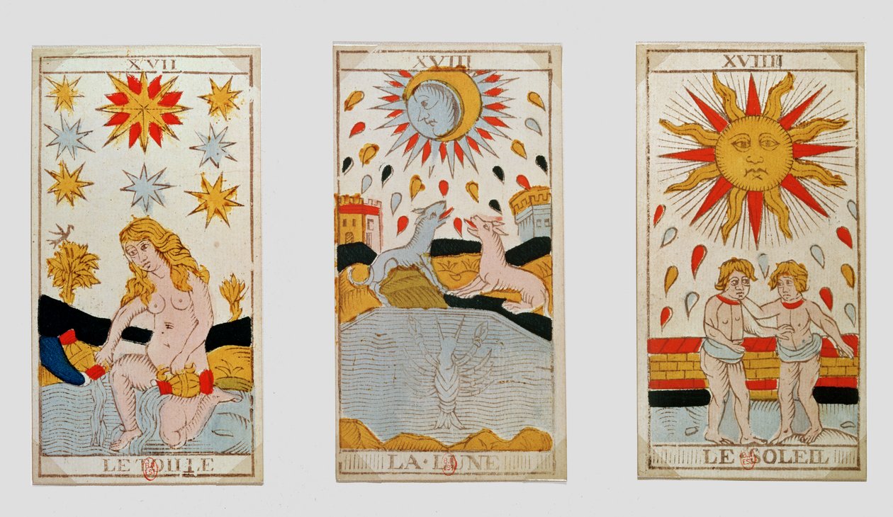Três cartas de tarô representando a estrela, a lua e o sol (gravura em madeira colorida) de French School