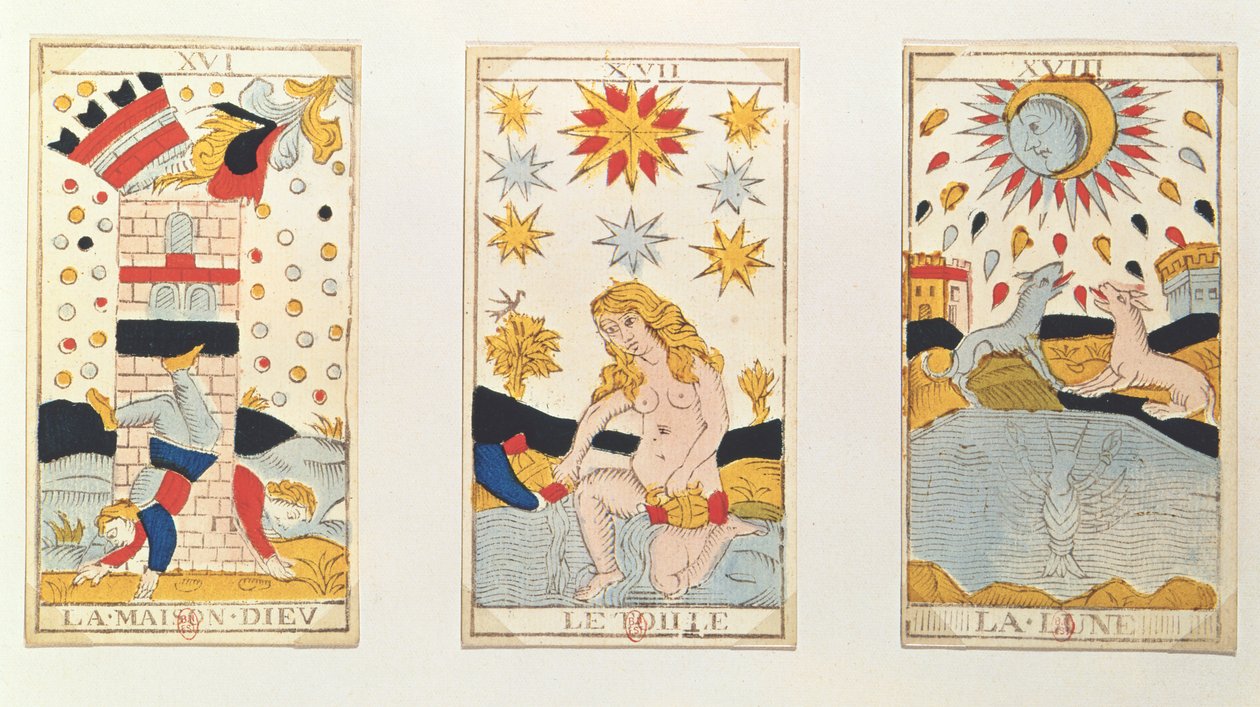 Três cartas de tarô representando a torre, a estrela e a lua (gravura em madeira colorida) de French School