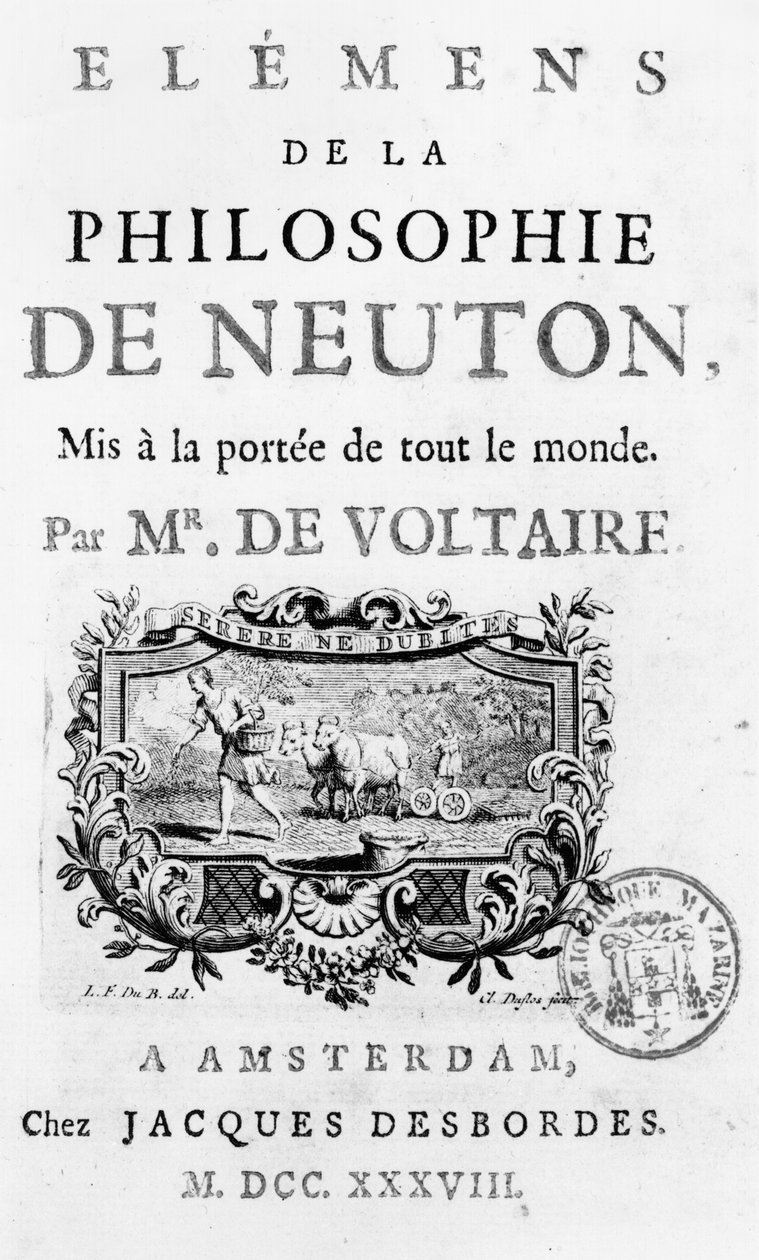 Página de rosto dos Elementos da Filosofia de Newton, de François Marie Arouet Voltaire (1694-1778) Amsterdã, publicada em 1738 de French School