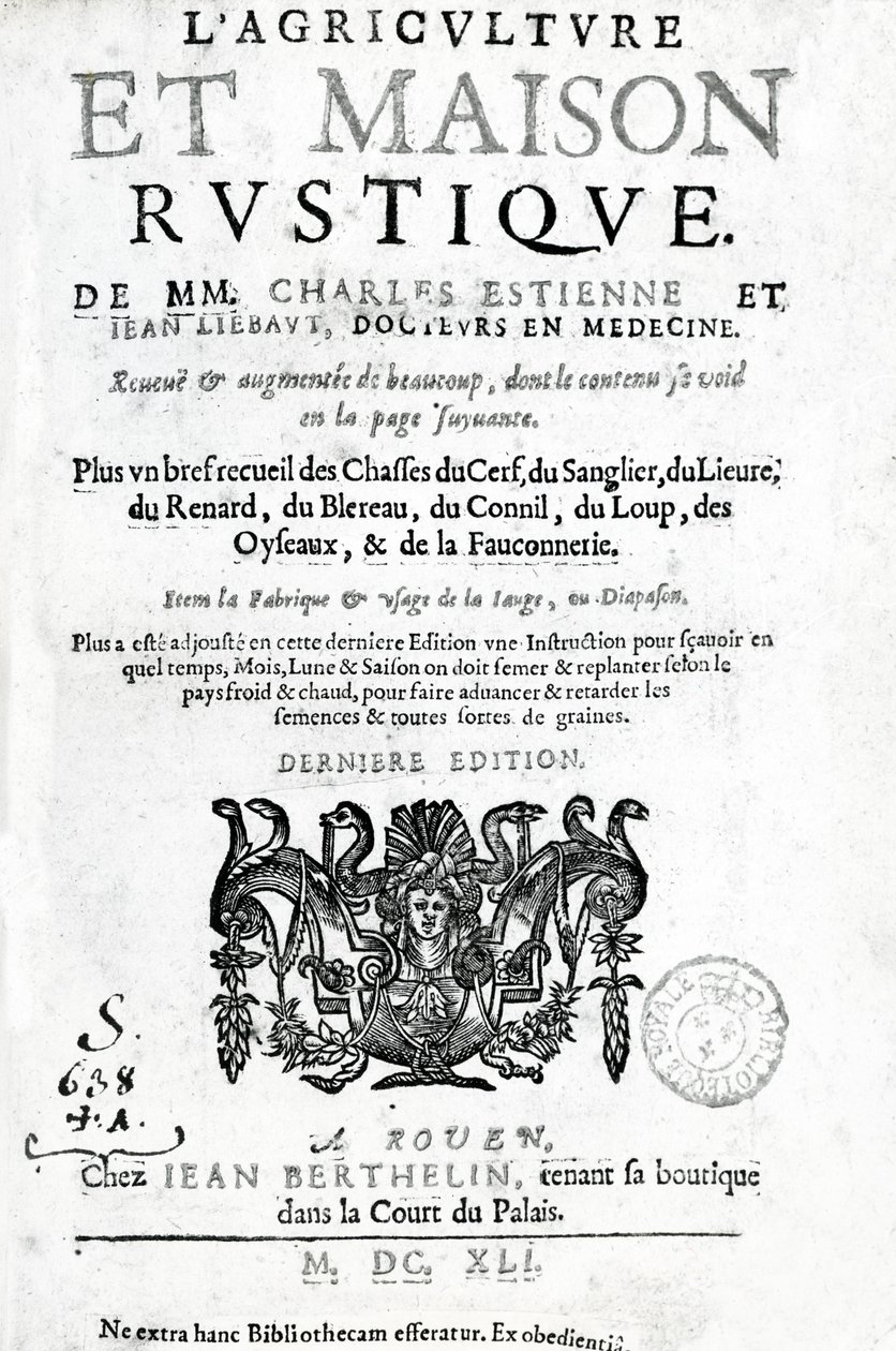 Página de rosto da Agriculture and Rustic House, de Charles Estienne, edição publicada em 1641 (impressão tipográfica e gravura) de French School