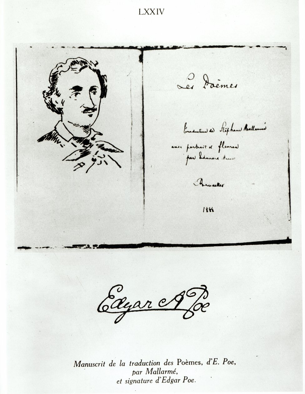 Página de título de Les Poemes por Edgar Allan Poe (1809-49) traduzido por Stephane Mallarme (1842-98) com um retrato do autor, 1888 de French School