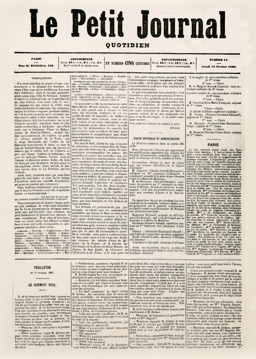 Página de rosto do jornal diário Le Petit Journal, 12 de fevereiro de 1863 (impresso) de French School