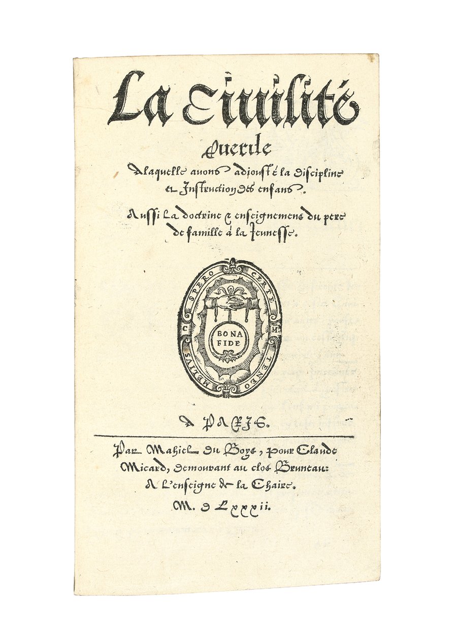 Página de rosto de &39;A civilidade pueril à qual adorávamos a disciplina e a instrução das crianças. Também A doutrina e os ensinamentos do pai de família aos jovens &39;por Desiderius Erasmus de French School