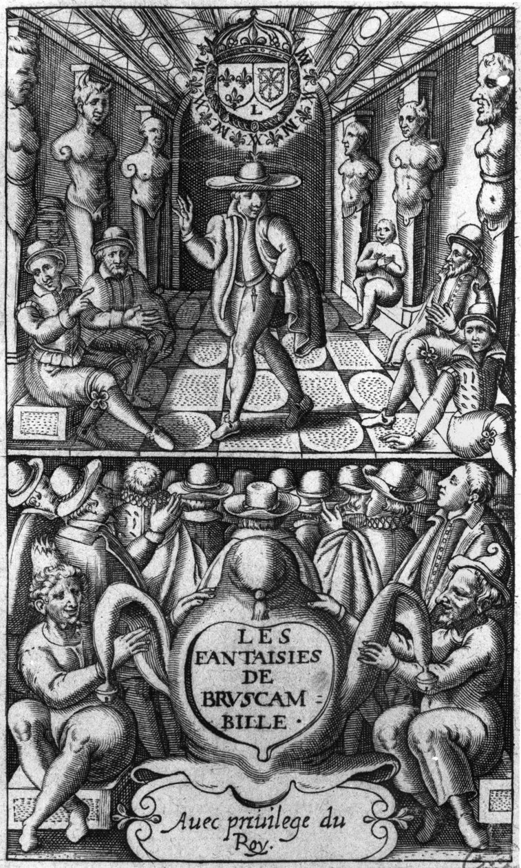 Página de título de The Fantasies of Bruscambille, publicada em 1615 de French School
