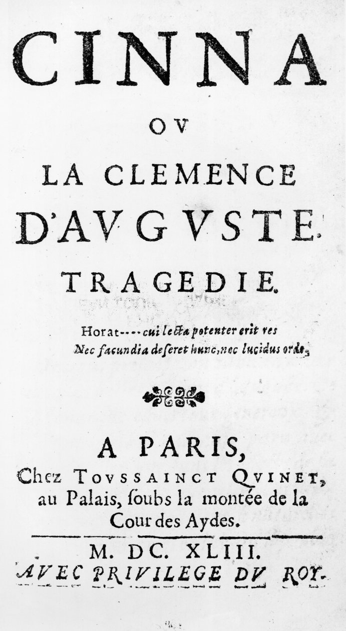 Página de título de Cinna ou o Clemence de Augustus por Pierre Corneille (1606-84) publicado em 1643 de French School
