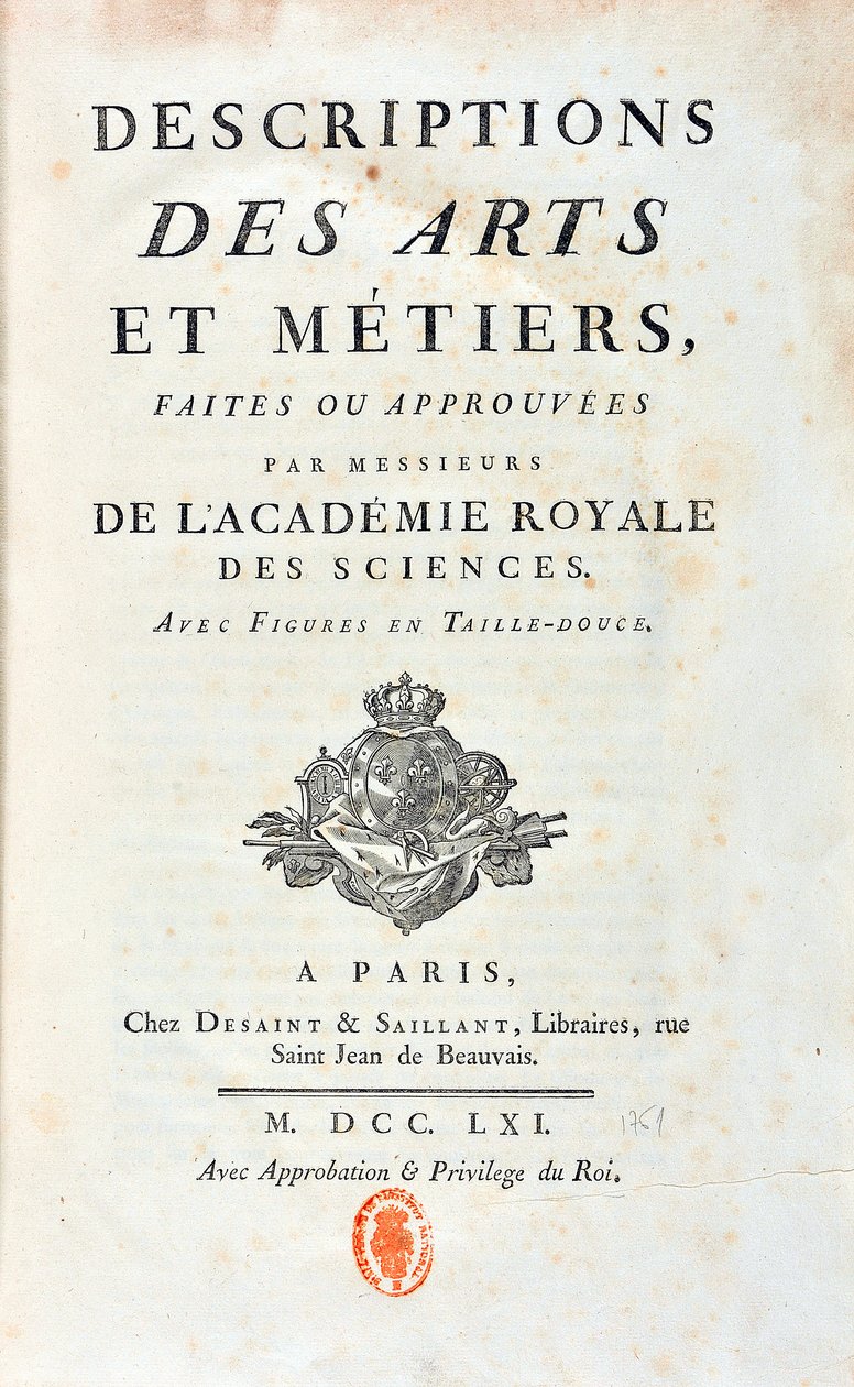 Página de título de "Descrições de Artes e Metiers feitas ou aprovadas por cavalheiros da Academia Real das Ciências". 1761 de French School