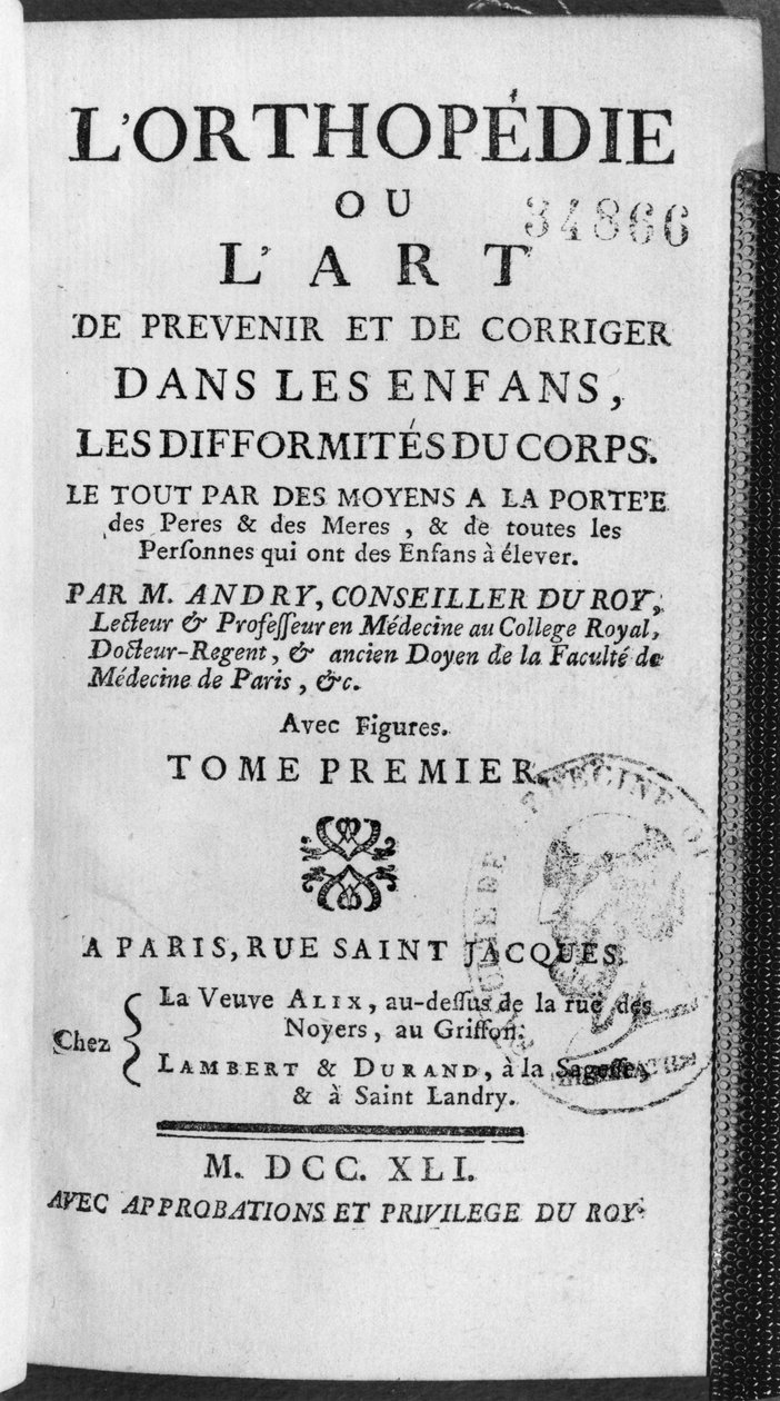 Página de rosto da Medicina ou a Arte de Prevenir e Corrigir em Crianças as Deformidades do Corpo por Nicholas Andry (1658-1759) 1741 de French School