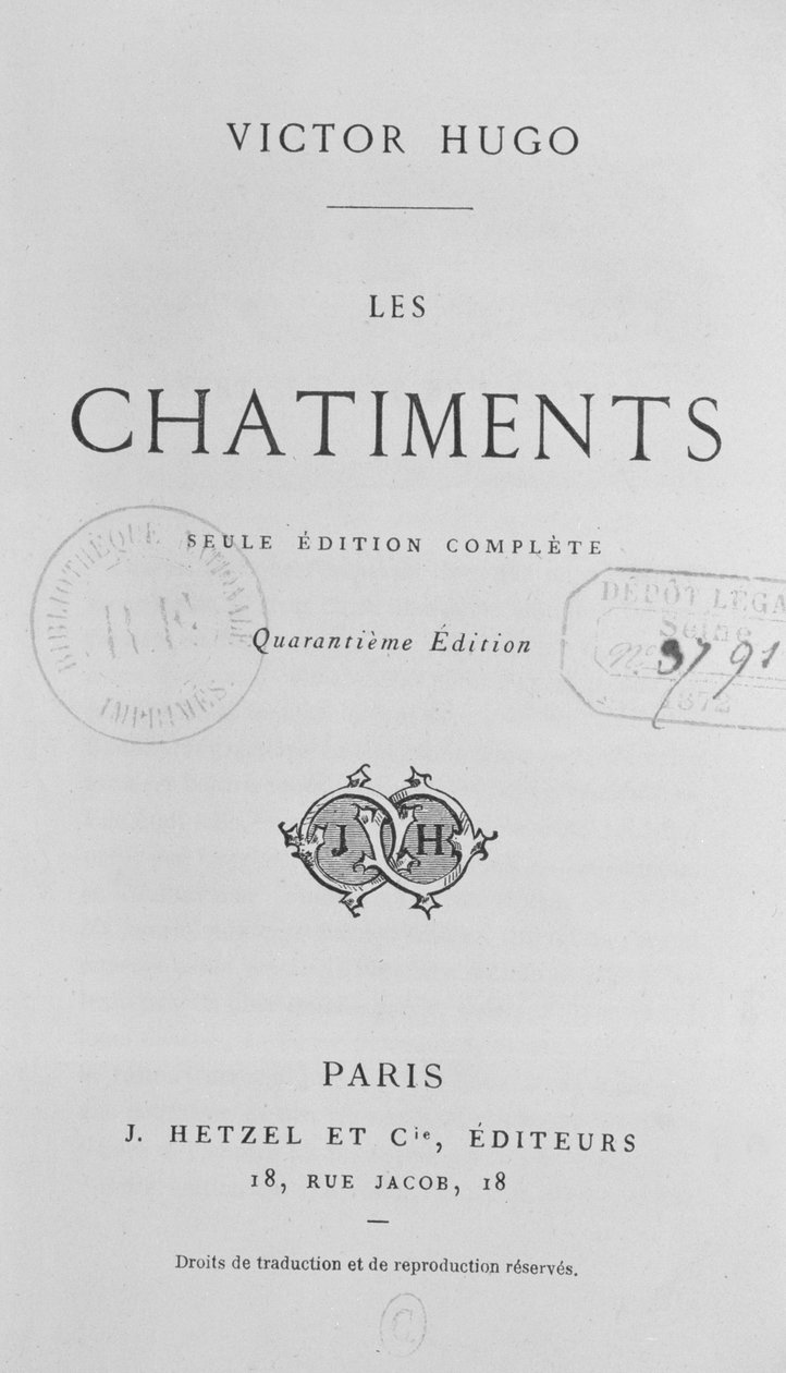 Página de título de Les Chatiments (1853) de Victor Hugo (1802-85), 40ª edição publicada por J. Hetzel, 1872 de French School