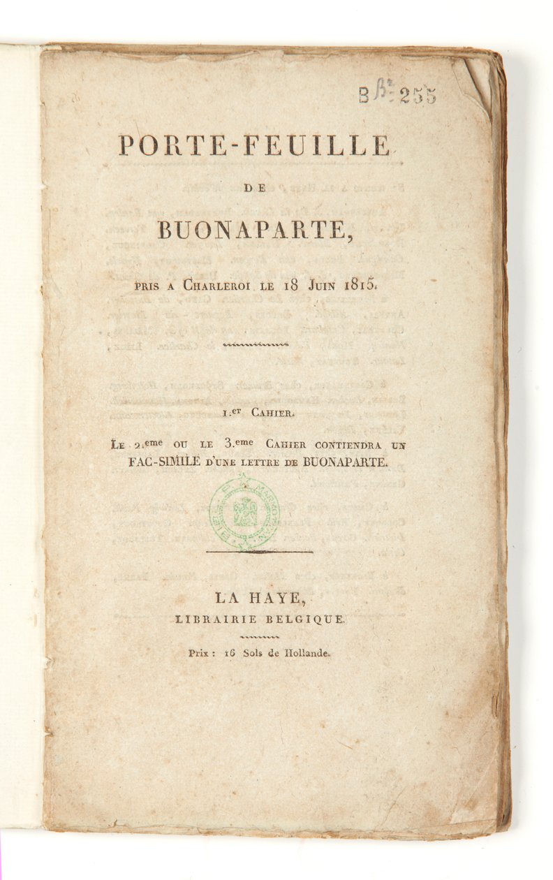 Página de título da "Carteira de Buonaparte tirada em Charleroi em 18 de Junho de 1815". de French School