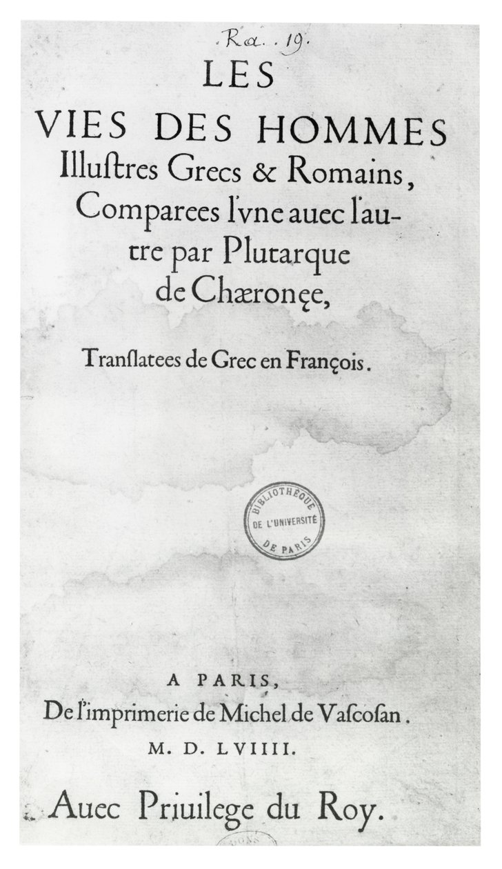 Página de rosto de A Vida dos Nobres Gregos e Romanos, de Plutarco, impresso por Michel de Vascosan de French School