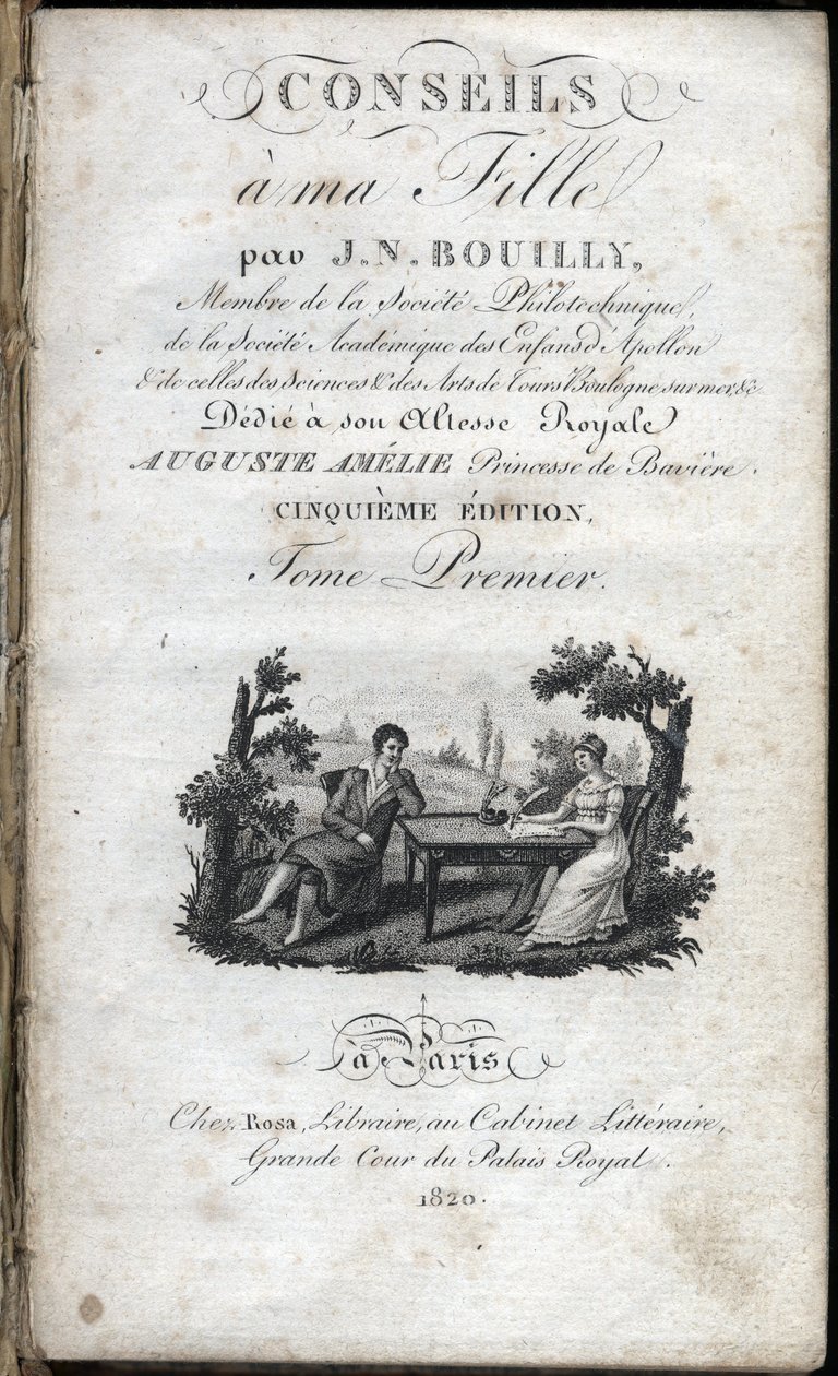 Página de título de "Dicas para a minha filha" de Jean Nicolas Bouilly (1763-1842). 1820. Colecção privada. de French School