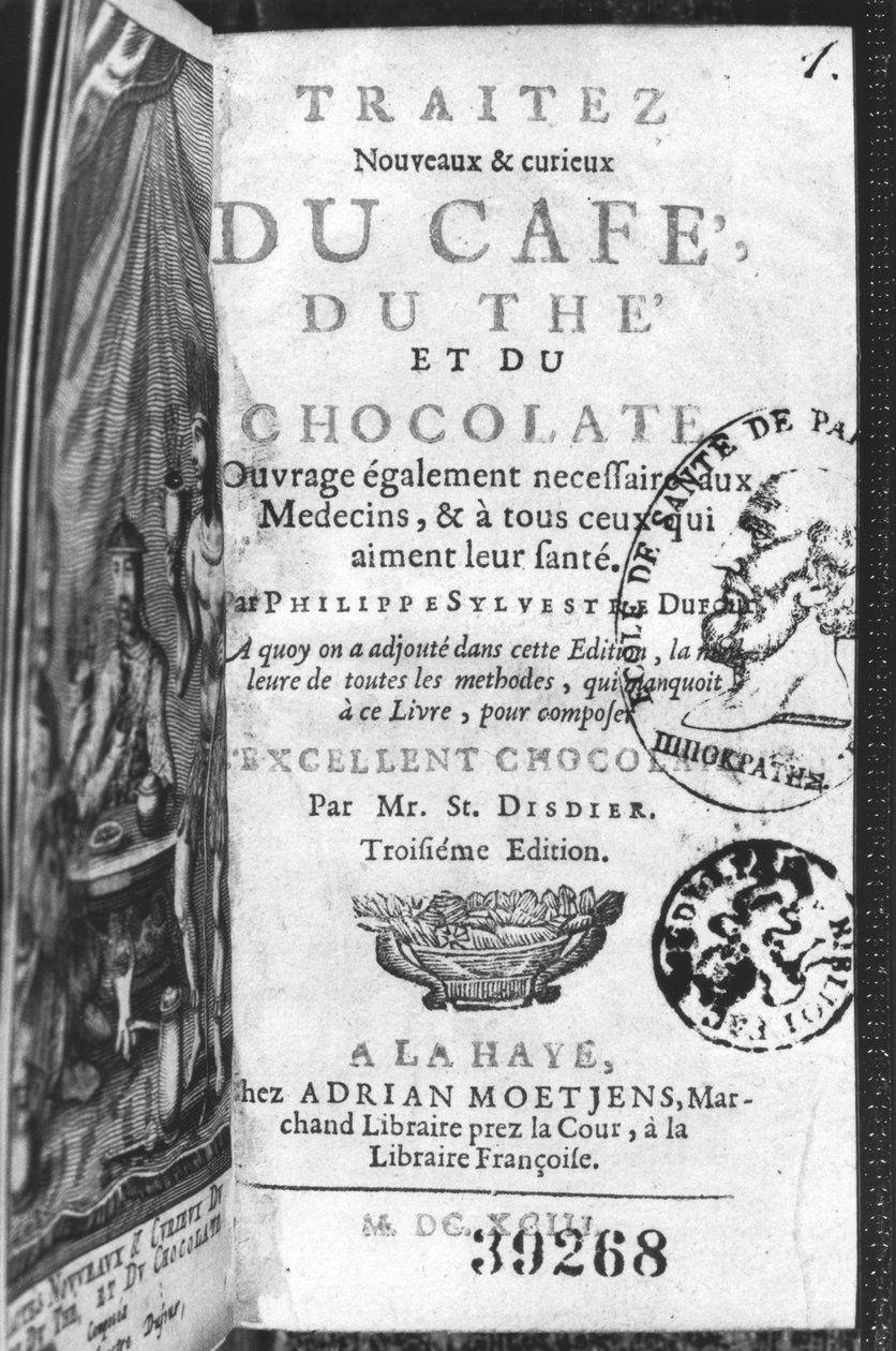 Página de título do novo e curioso deleite de café, o e chocolate por Philippe Sylvestre Dufour, The Hague, publicado em 1693 de French School