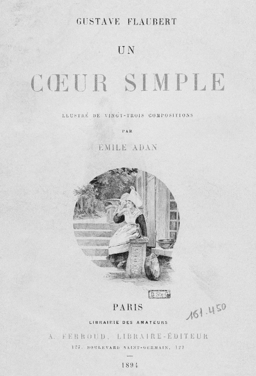Página de título Um coração simples, de Gustave Flaubert (1821-1880), publicado em 1894, em Paris, Editora do Livreiro A. Ferroud de French School
