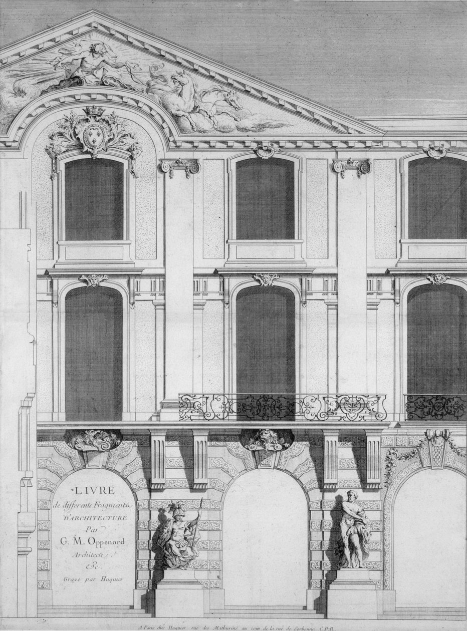 Página de rosto de um livro de placas gravadas de desenhos de Oppenords, publicado em 1745 de French School