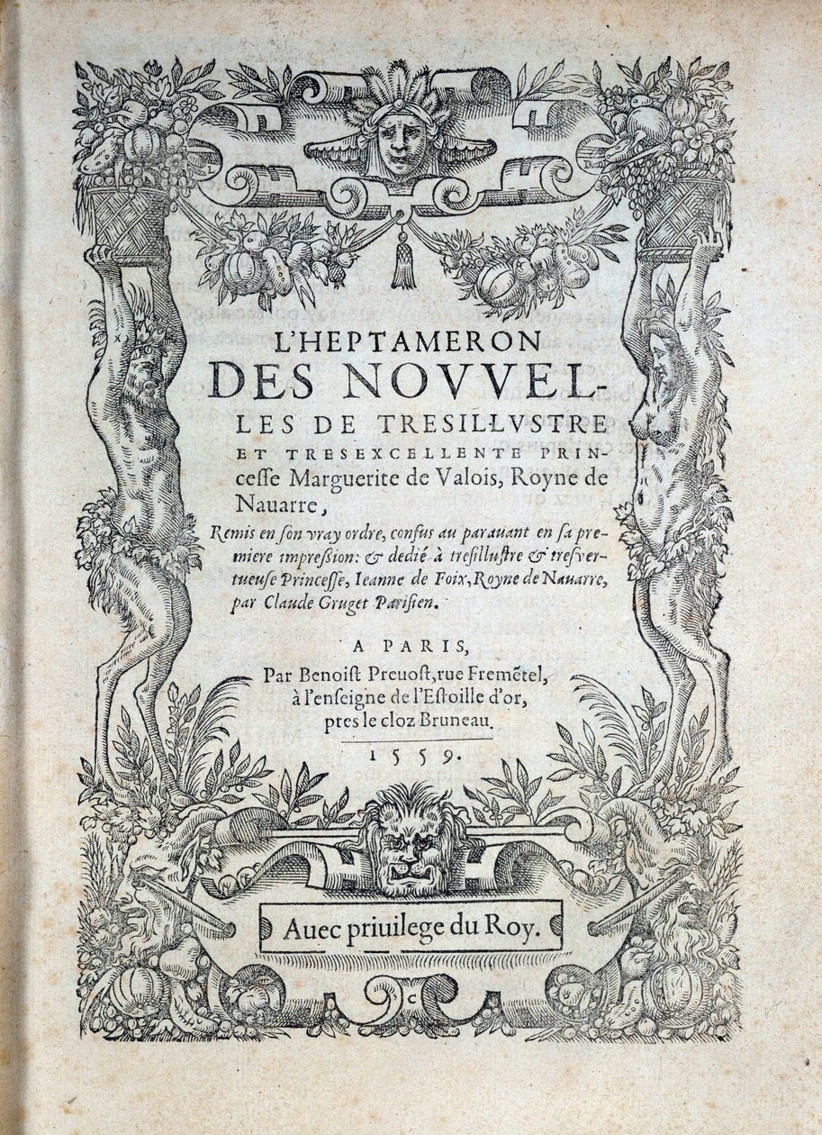 Página de título de "O Heptameron": contos ou notícias de Margarita de Navarra (Marguerite de Valois, Marguerite de Angouleme ou Marguerite de França (1492-1549) Rainha de Navarra e poetisa de French School