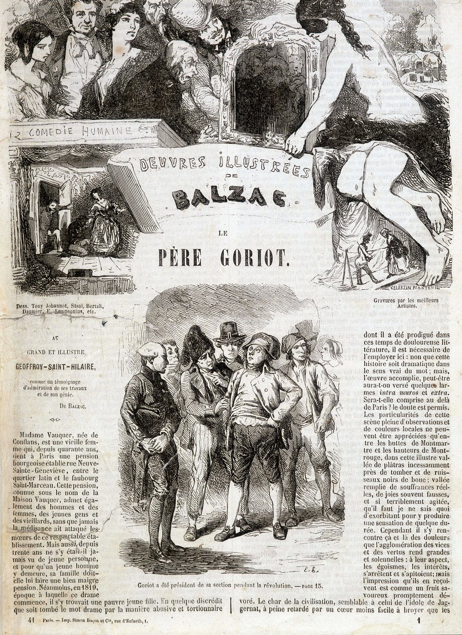 Página de título da edição original do romance de Balzac "O Pai Goriot" em "Obras Ilustradas de Balzac": "Goriot foi presidente da seção durante a revolução" . ¿ de French School