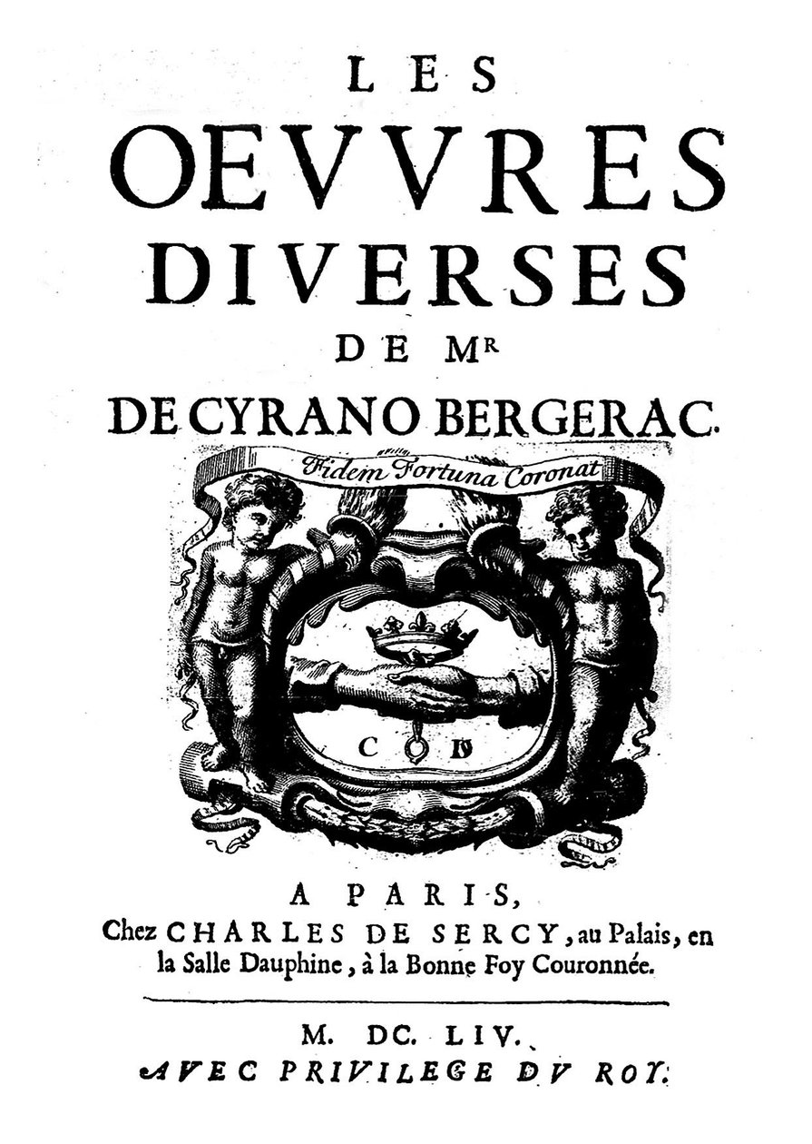 Páginas de título de "Les œuvres divers de Monsieur de Cyrano Bergerac" 1654. (1619 -1655) escritor francês. de French School