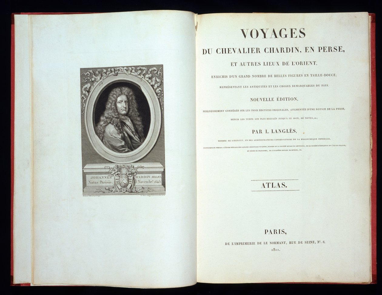 Titlepage e frontispício retrato de viagens do cavaleiro Chardin na Pérsia, 1811 de French School