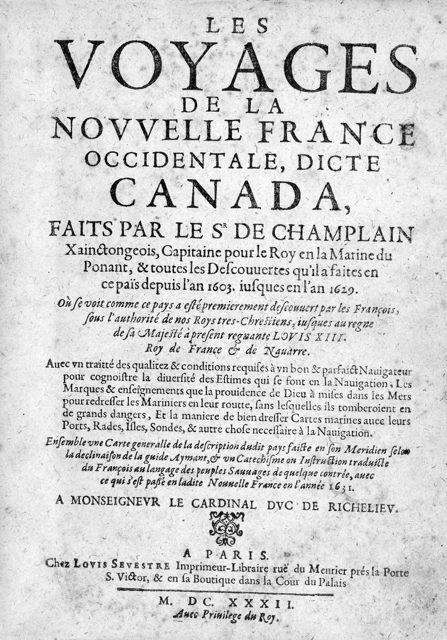 Titlepage for The Travels of New France ... publicado em 1632 (versão impressa) de French School