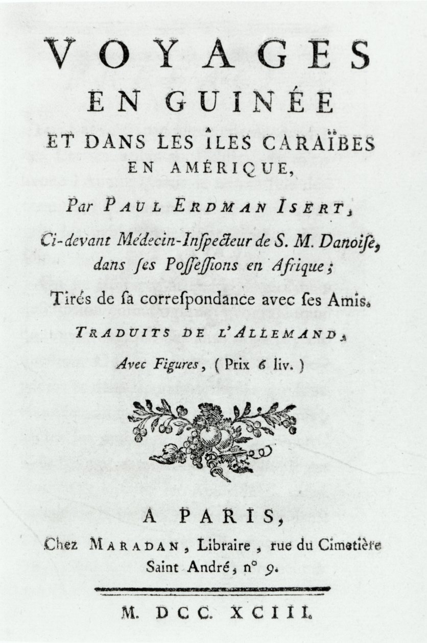 Titlepage for Travels in Guinea and the Caribbean Islands in America por Paul Erdman Isert, publicado em 1743 de French School