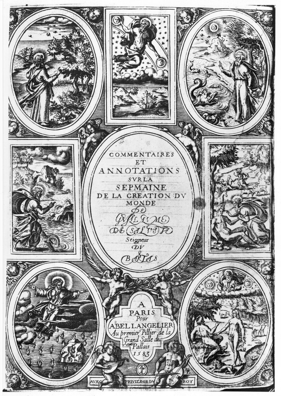 Titlepage de comentários e anotações sobre a semana da criação do mundo por Guillaume Salluste du Bartas (1544-90) 1583 de French School
