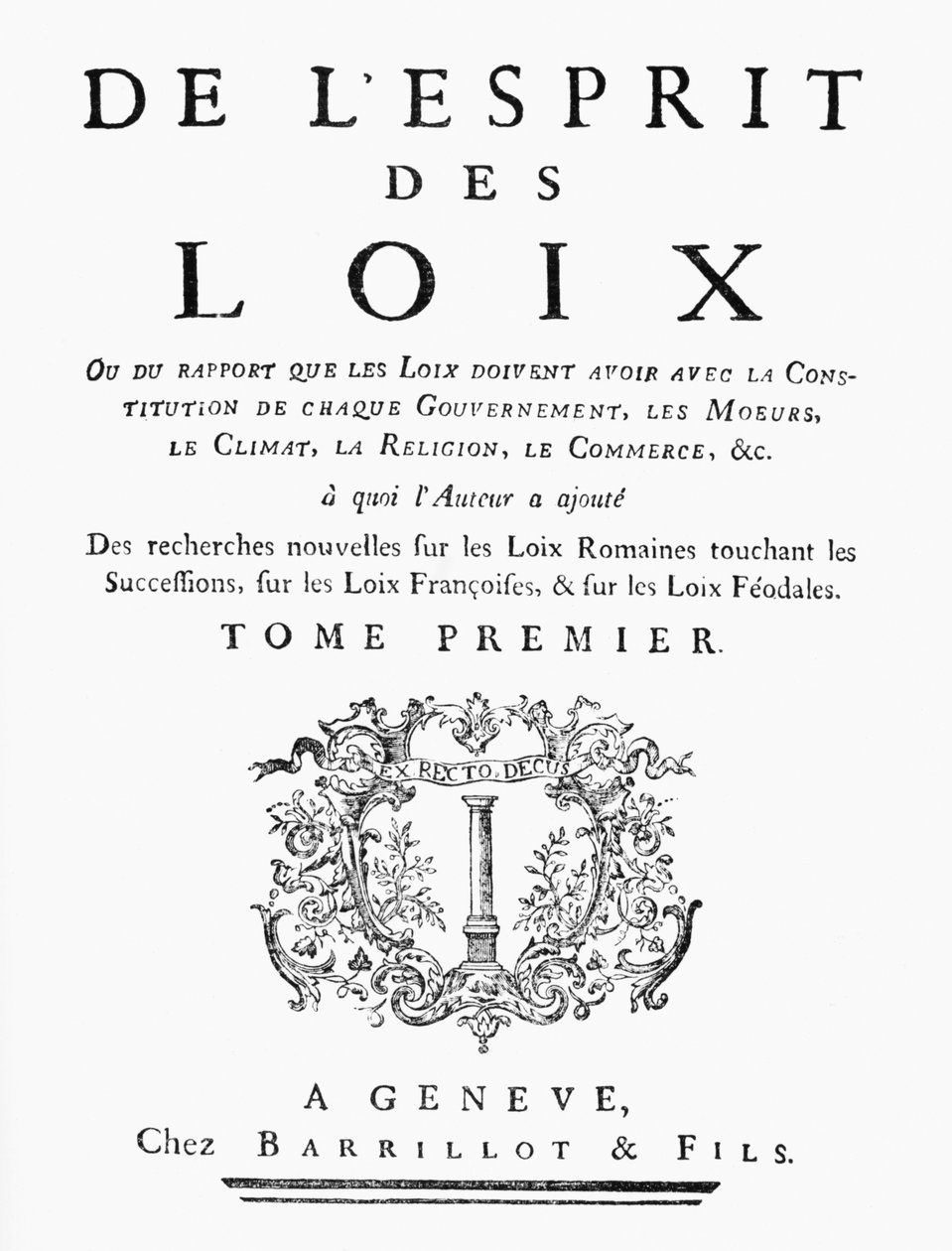 Título de O Espírito dos Loos por Charles de Montesquieu (1689-1755) 1748, publicado Geneve de French School