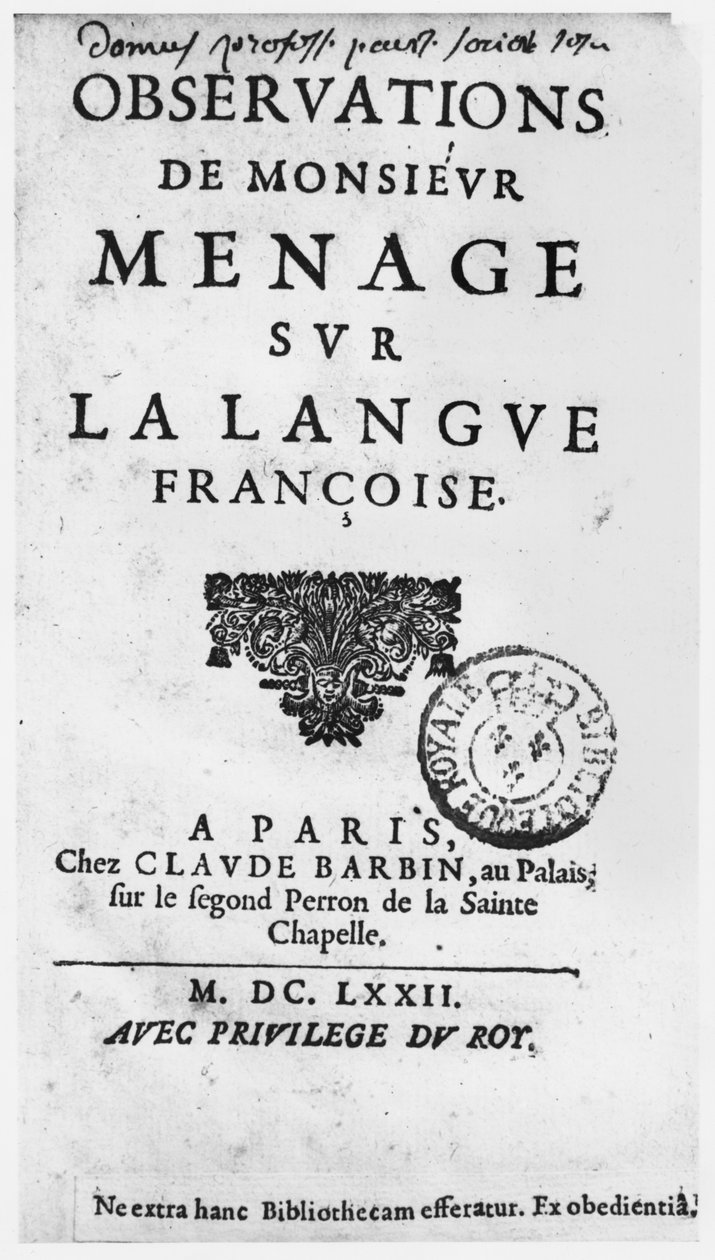 Título das Observações sobre a língua francesa de Gilles Menage (1613-92) edição de 1672, chez Claude Barbin, no Palais, nos segundos degraus da Sainte Chapelle, Paris (impressão) de French School