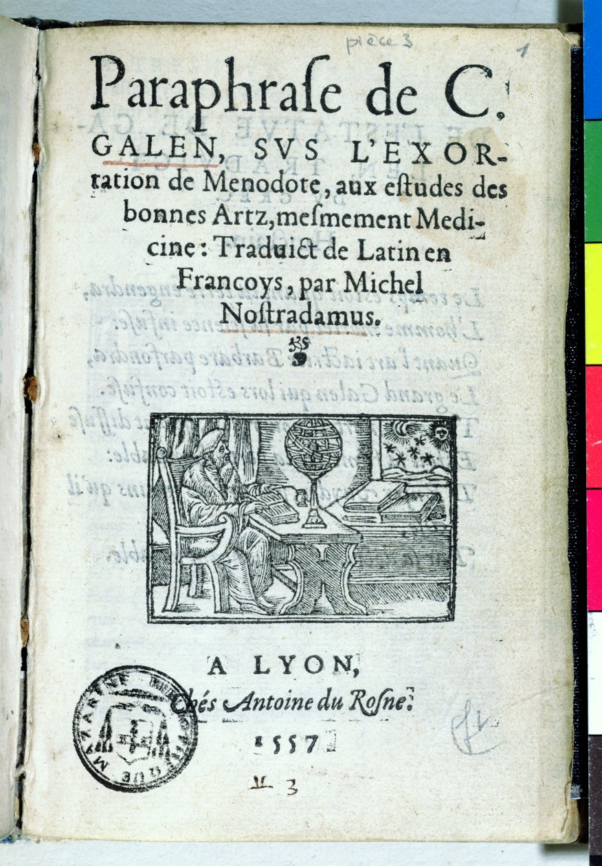 Título da Paráfrase de C. Galien de Michel de Nostradame (Nostradamus) (1503-66) 1557 de French School