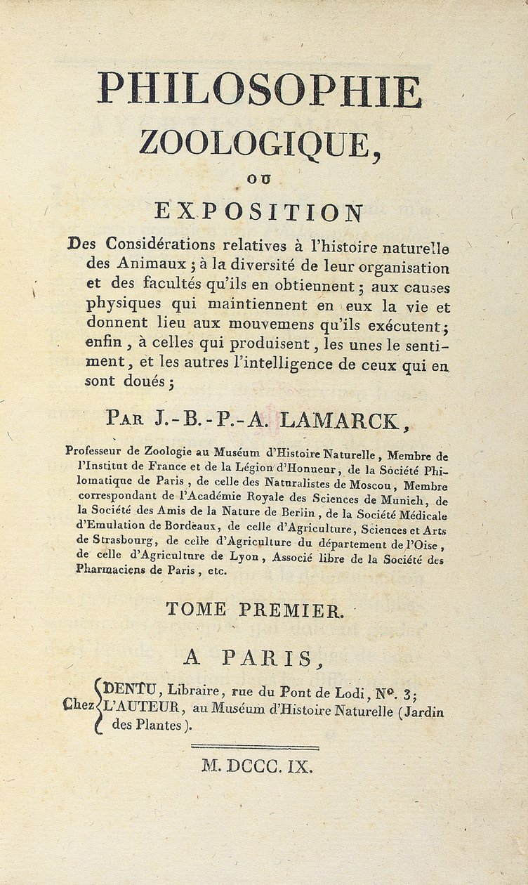 Página de título de "Philosophie Zoologique" de Jean-Baptiste Lamarck, publicada em Paris, 1809 de French School
