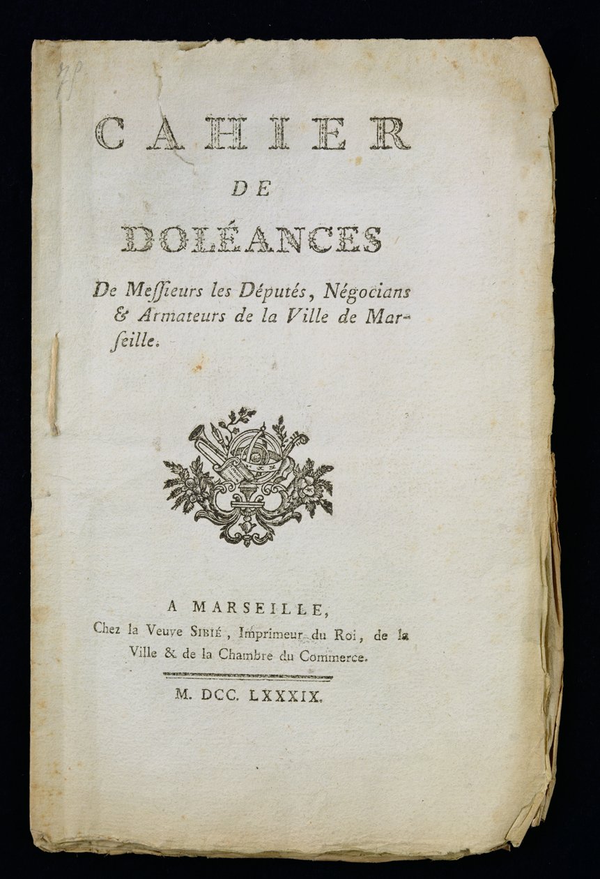 Título do Livro de Reclamações dos Deputados, Comerciantes e Armadores de Marselha, 1789 de French School