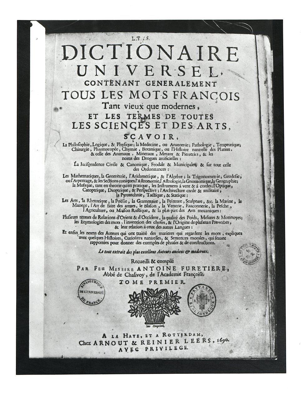 Titlepage do Dictionnaire Universel por Antoine Furetiere (1619-88) 1690 (impressão) de French School