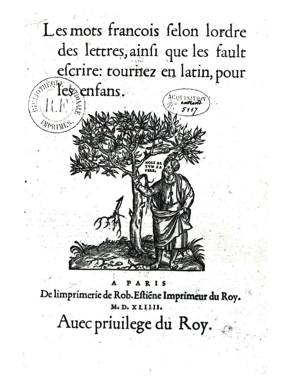 Título do primeiro dicionário francês-latim, 1544 de French School