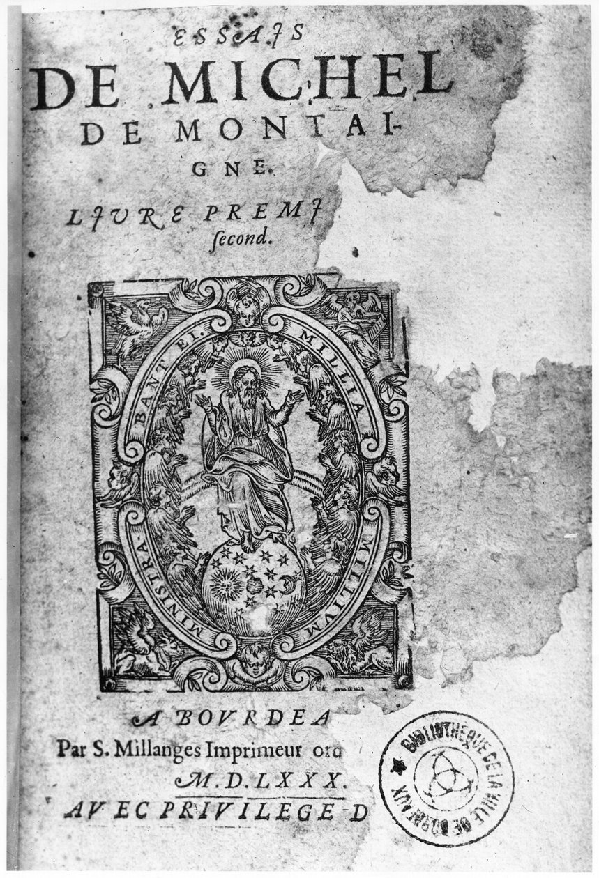 Título da primeira edição de Essais de Michel de Montaigne (1533-92) 1580 de French School