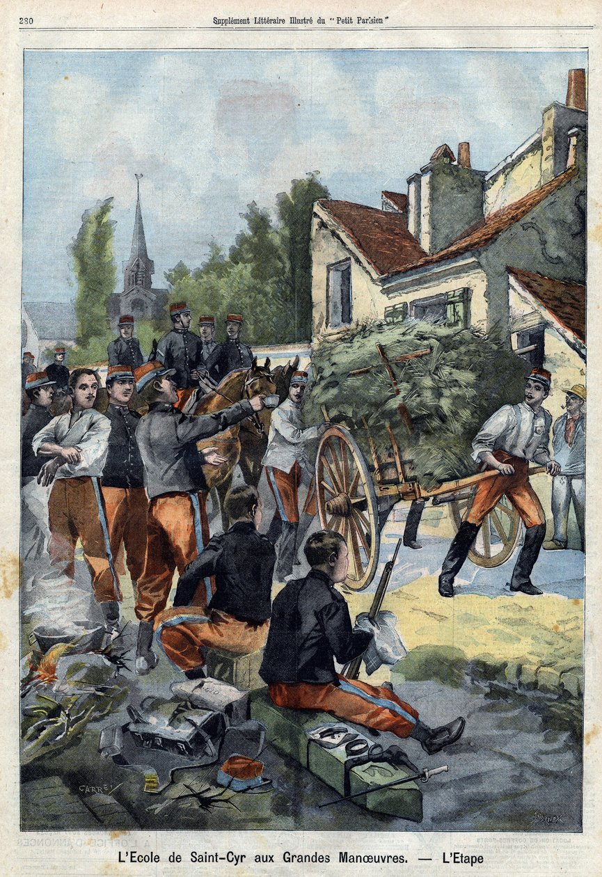 Para dar uma idéia da vida de um soldado no campo, os alunos da escola de Saint Cyr são enviados em uma manobra para realizar suas próprias tarefas de abastecimento. Gravura em " Le Petit Parisien" em 01/09/1901 (gravura) de French School