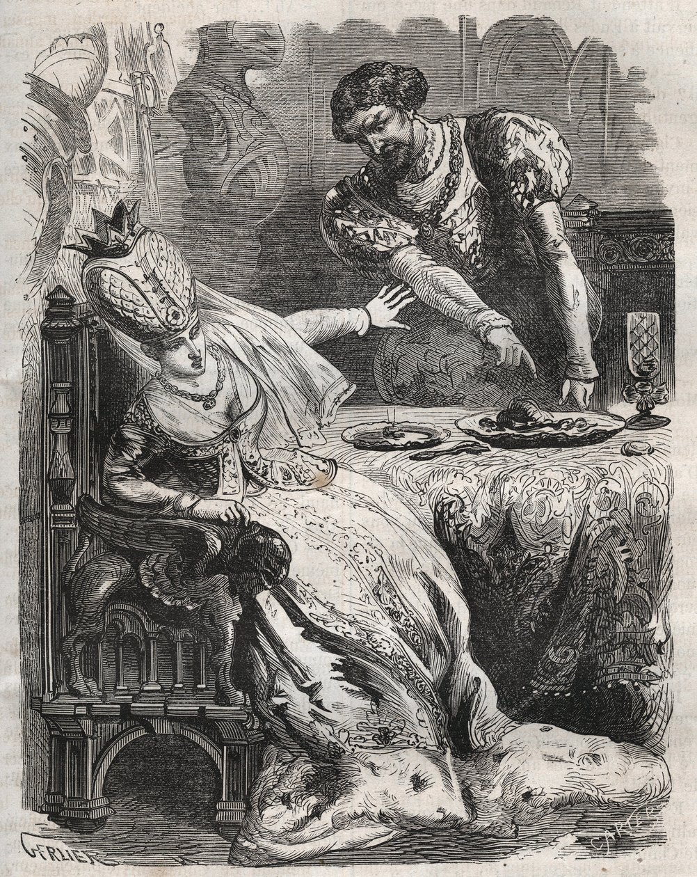 Para se vingar da infidelidade de sua esposa, Gabrielle de Vergy, Eudes de Fayel o faz comer sem o seu conhecimento o coração de seu amante, Raoul de Coucy. Cena de uma lenda do século XII, segundo a qual Raoul I de Coucy (depois de 1142-1191) pediu que o de French School