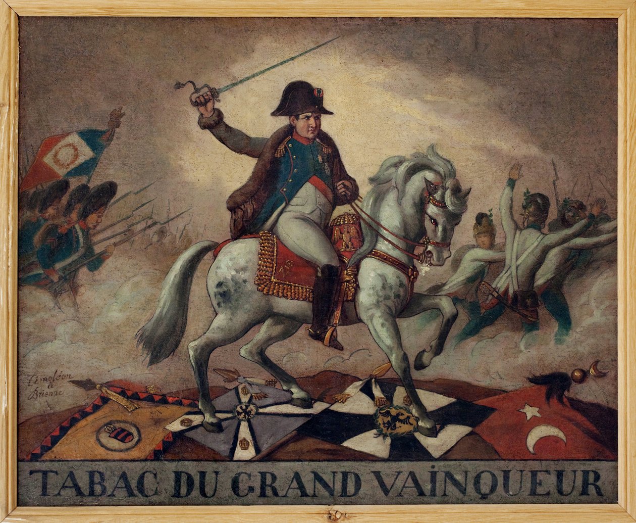 Para o tabaco do grande vencedor. (Retrato equestre de Napoleão Bonaparte (1769-1821), levando as suas tropas à batalha. Na parte de trás da tela um quatrain: "O sucesso dos seus negócios,/As suas vitórias em cem lutas,/Não guardem outros segredos/One take de French School