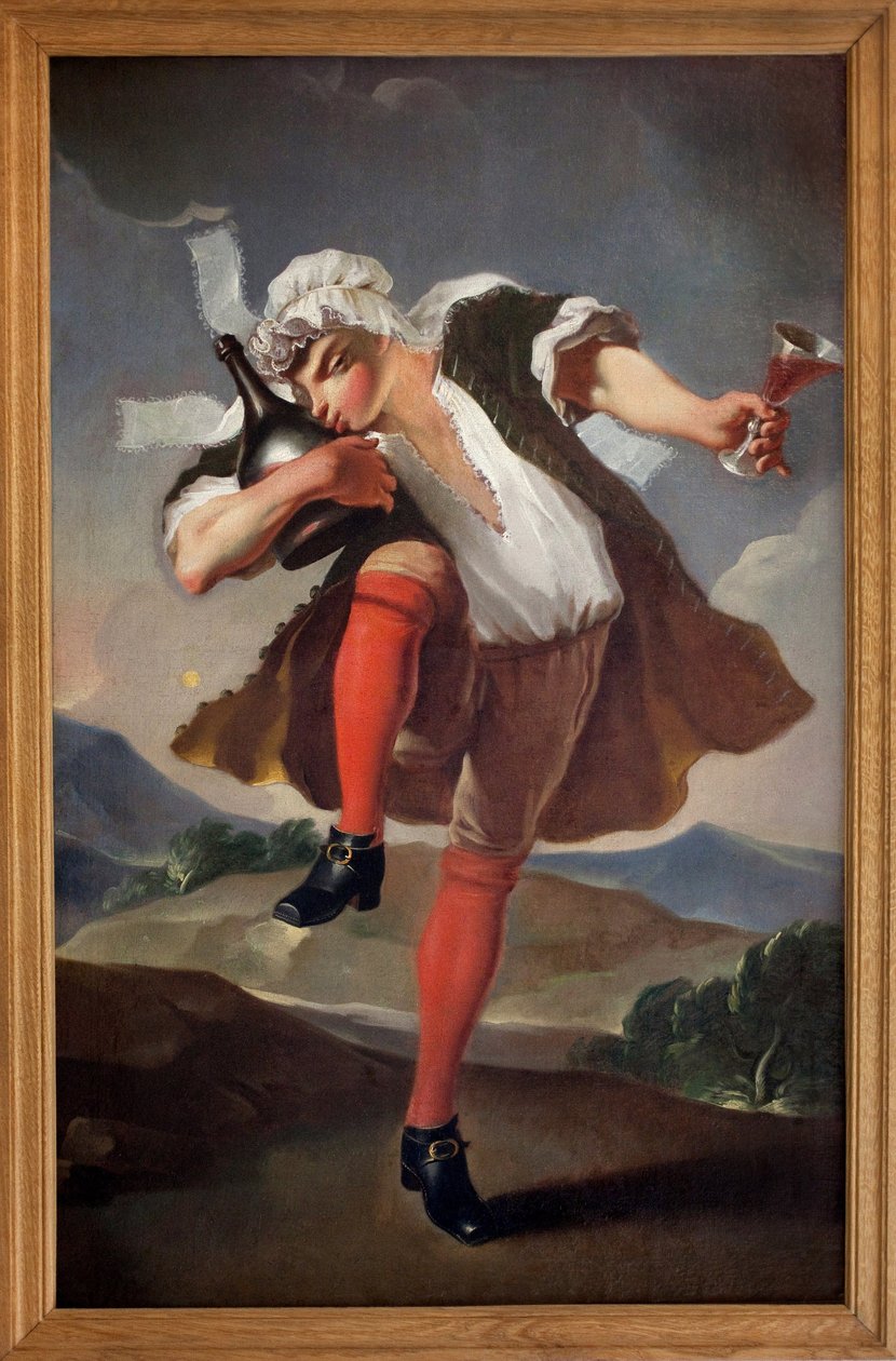 Às três ordens reunidas. Um homem representando o Clerge, o Noblesse e o Terceiro Estado segura um copo de vinho tinto e beija uma garrafa. Sinal pintado de comerciante de vinho. Pintura anónima, período revolucionário. de French School