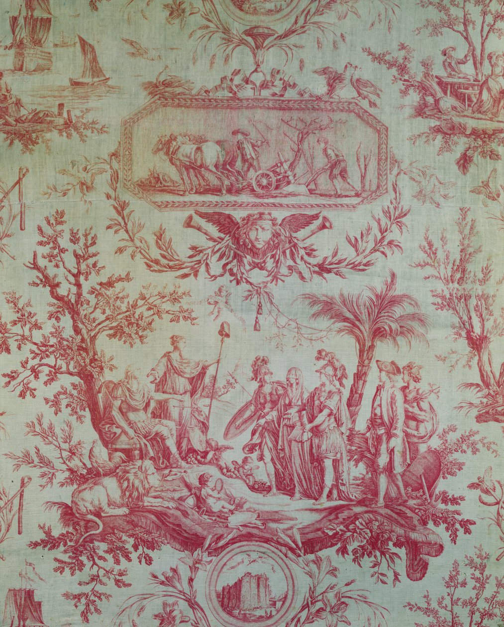 Toile de Jouy (depois de desenhos de Jean-Baptiste Huet 1772-1793), ilustrando uma alegoria de Luís XVI (1754-1793), rei da França, restaurador da liberdade em fevereiro de 1790 (algodão estampado) de French School