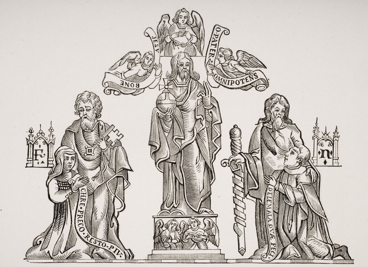 Túmulo Decoração representando Nicholas Flamel (c.1330-c.1418) e sua esposa Pernelle, após decorações no Cemitério dos Inocentes, Paris, de Le Moyen Age et La Renaissance por Paul Lacroix (1806-84) de French School