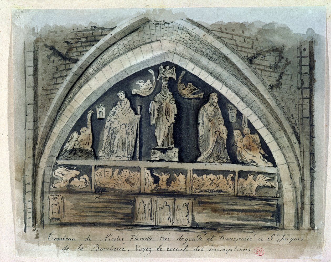 Túmulo de Nicolas Flamel (c.1330-1418) no Cimetiere des Innocents (wc no papel) de French School