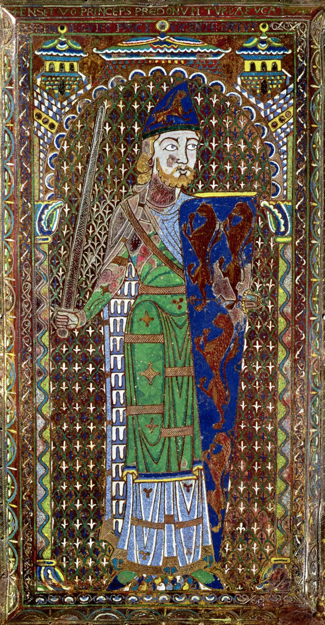 Placa do túmulo de Geoffrey Plantagenet (1113-51) da Catedral de St. Julien, Le Mans, c.1151-55 (esmalte sobre cobre dourado) (ver também 179331) de French School