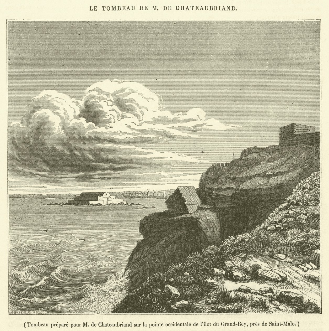 Túmulo preparado para M de Chateaubriand na ponta ocidental da ilha Grand-Bey, perto de Saint-Malo (gravura) de French School