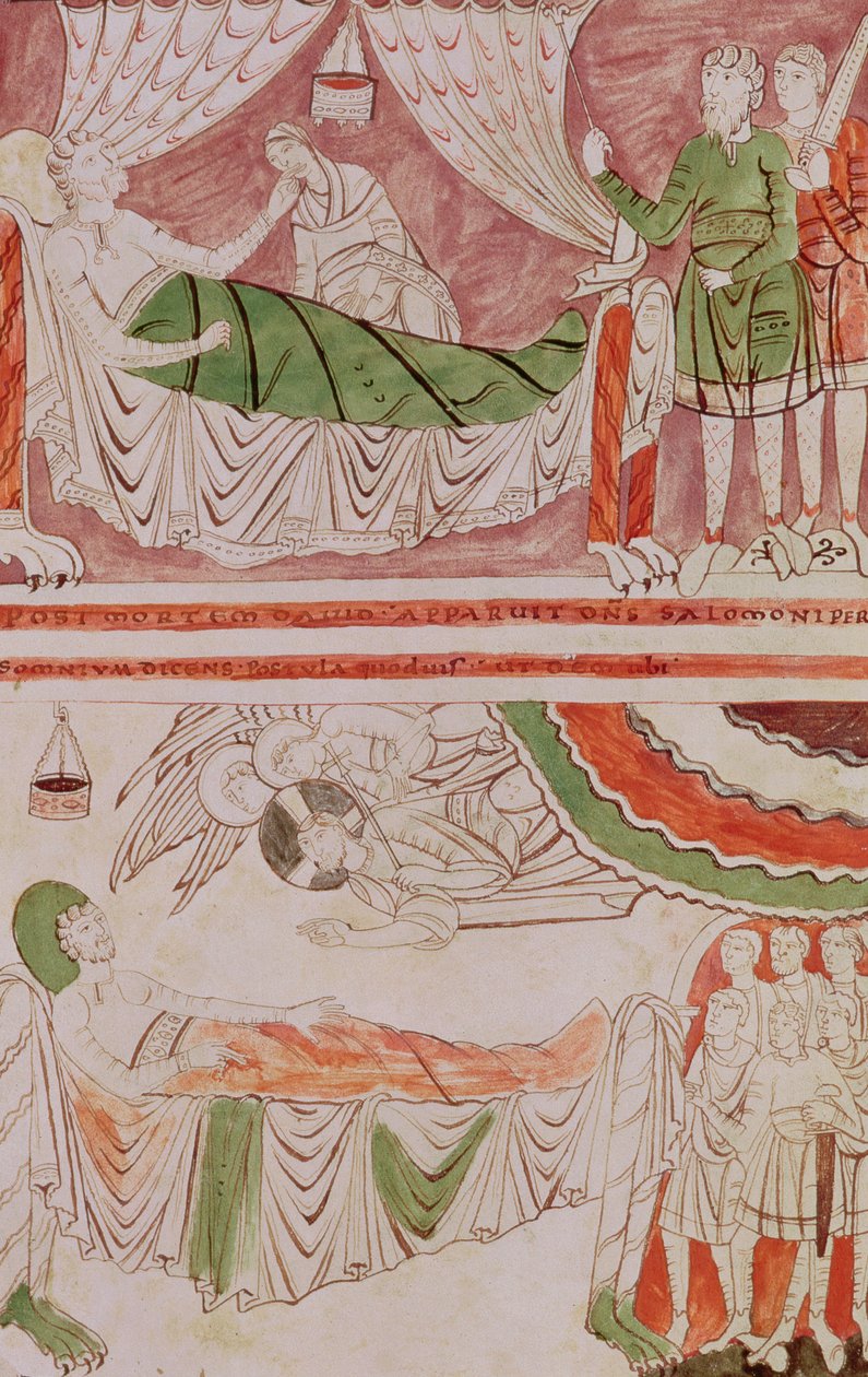 Tomo 1, Ms 1589 f.128v Rei Davi e o Sonho de Salomão, da Bíblia de St. Vaast de French School