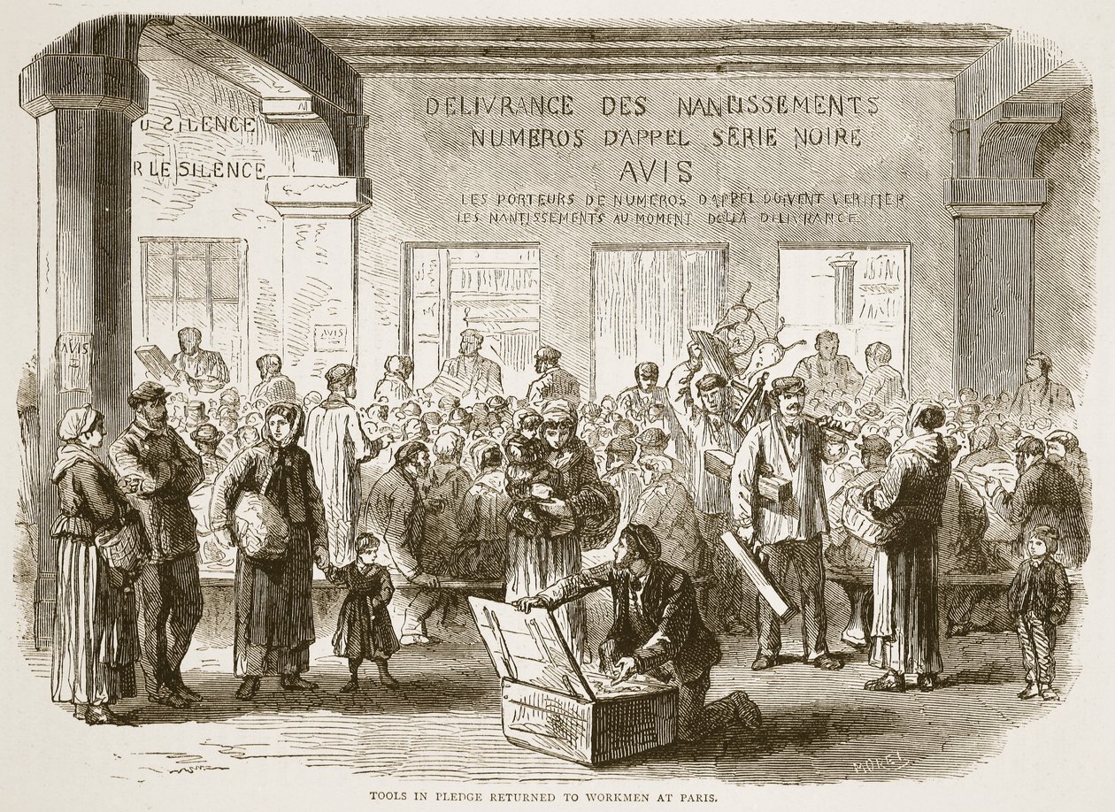Ferramentas em penhor voltaram aos operários em Paris, ilustração da História de Cassells da Guerra entre a França e a Alemanha, 1870-1871 de French School