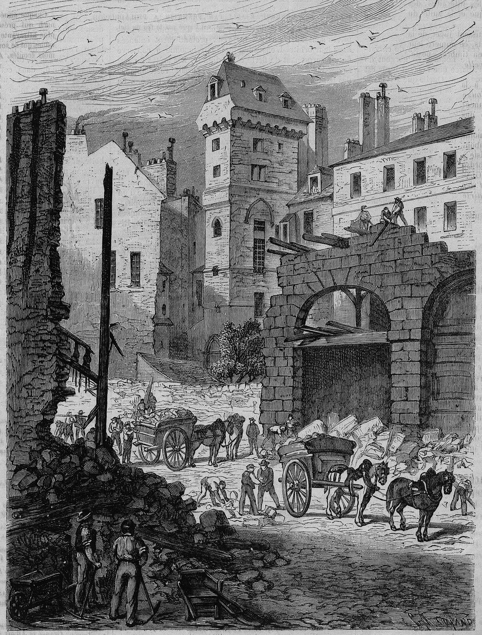 Tour Jean Sans Peur, último vestígio do Hôtel de Bourgogne, durante o piercing da rue Etienne Marcel, Paris. Gravura de French School