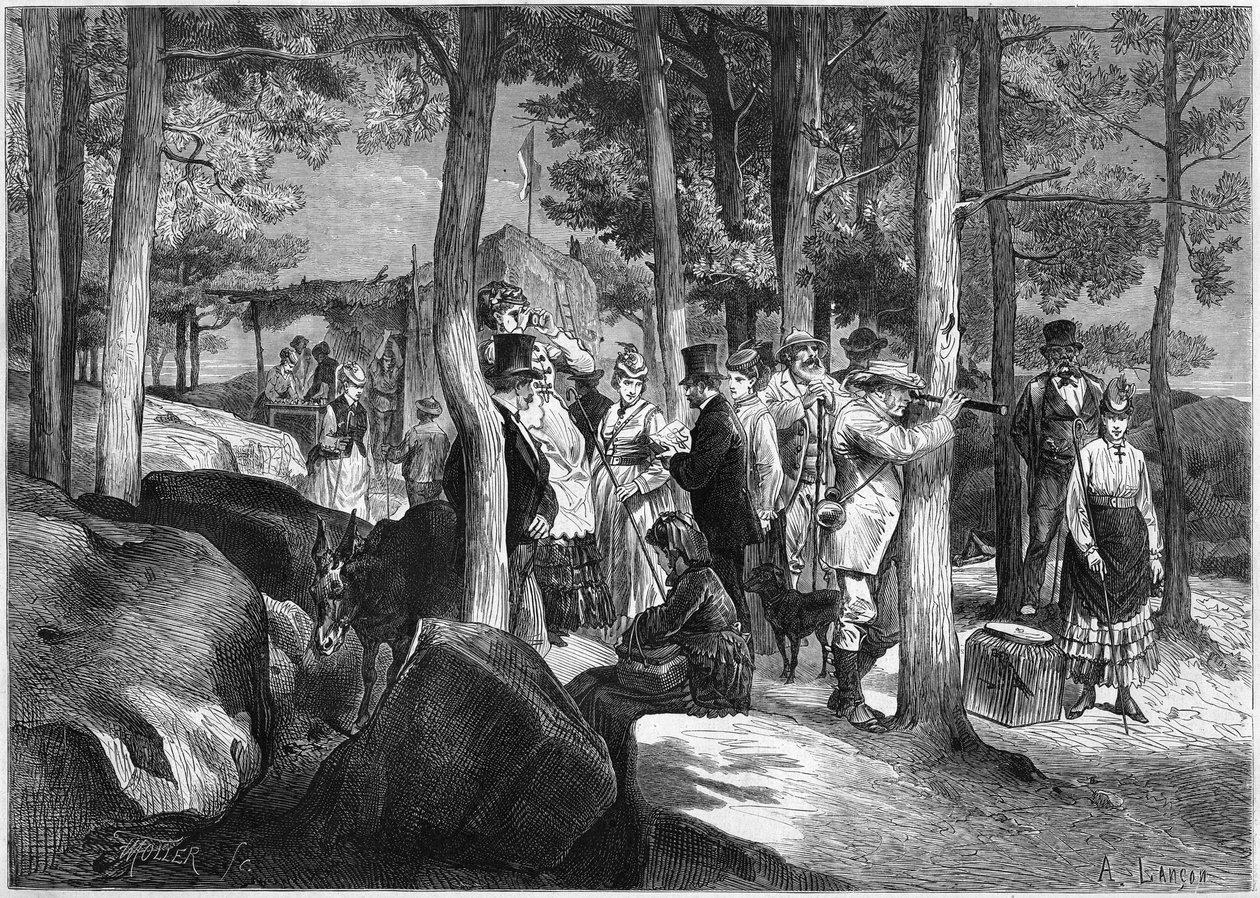Turistas nas gargantas do Apremont, perto da entrada da caverna, na floresta de Fontainebleau de French School