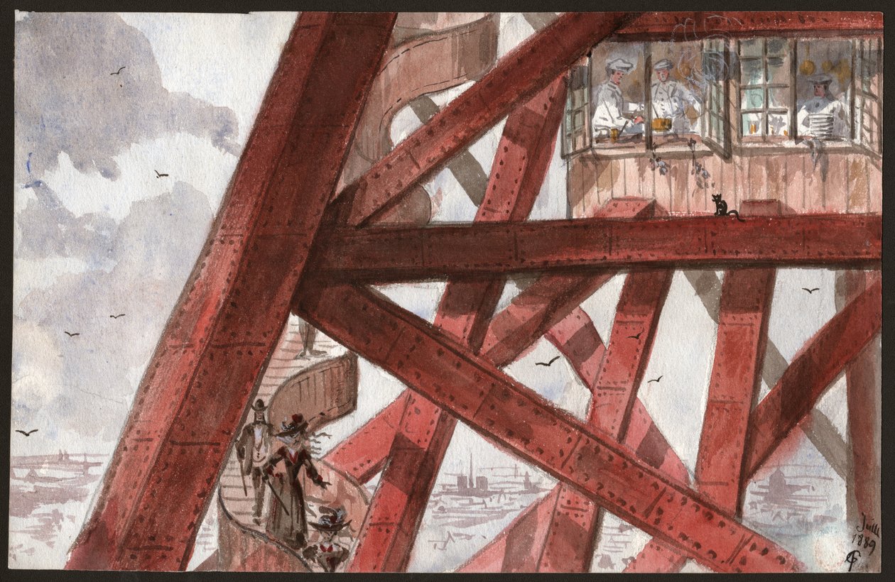 Turistas na Torre Eiffel. (ilustração de French School